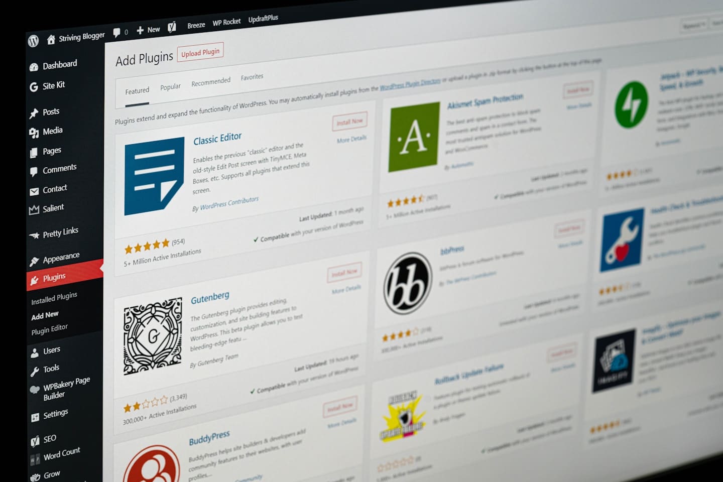 WordPress add new plugins page.